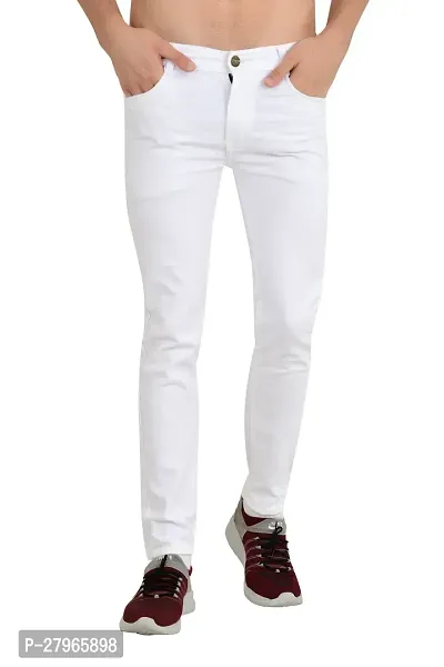 Stylish White Cotton Blend Solid Mid-Rise Jeans For Men-thumb0