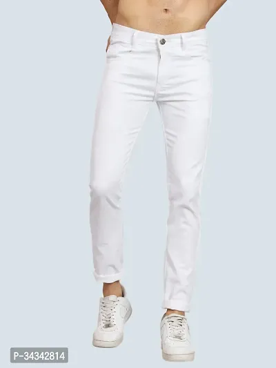 Elegant White Denim Solid Jeans For Men And Boys-thumb0