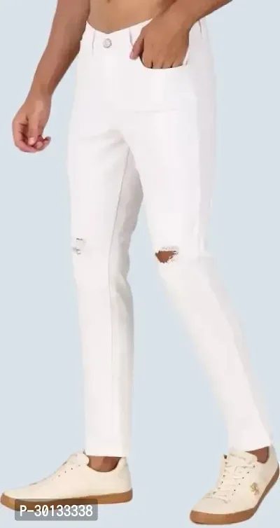 Stylish White Denim Distress Mid-Rise Jeans For Men-thumb0