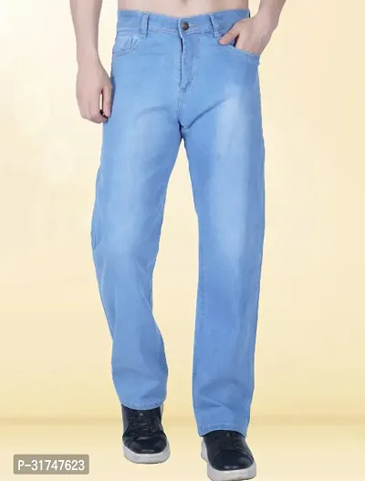 Elegant Light Blue Denim Solid Jeans For Men-thumb0