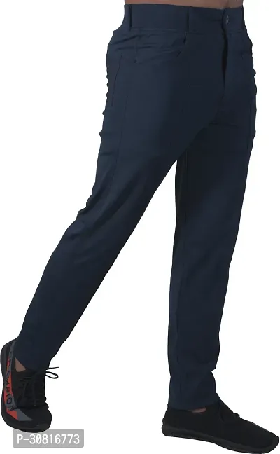 Linaria Stylish Blue Lycra Blend Solid Regular Fit Trouser For Men