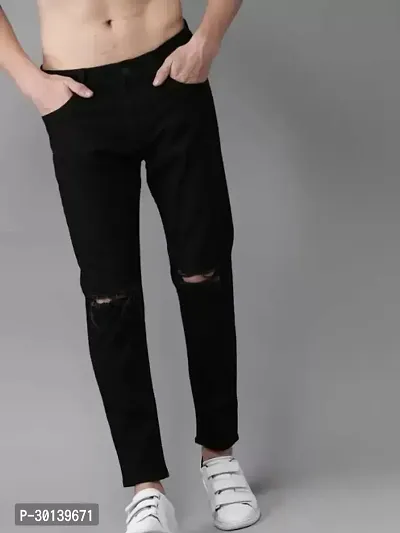 Stylish Black Denim Distress Mid-Rise Jeans For Men-thumb0