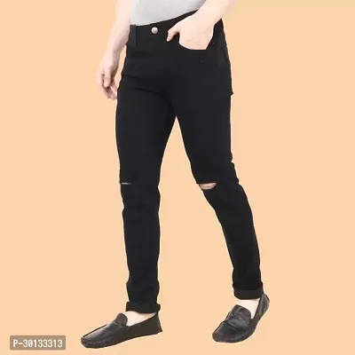 Stylish Black Denim Distress Mid-Rise Jeans For Men-thumb0