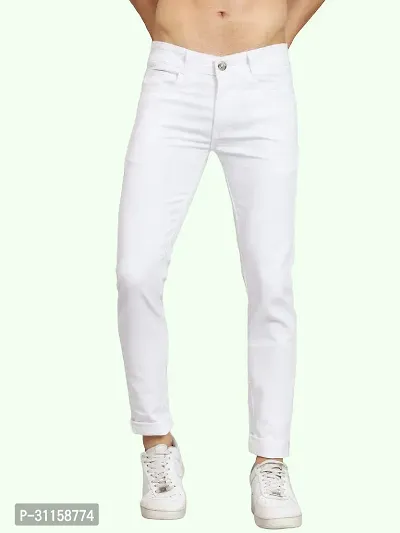 Stylish White Cotton Blend Mid-Rise Jeans For Men-thumb0