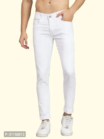 Stylish White Cotton Blend Mid-Rise Jeans For Men-thumb0