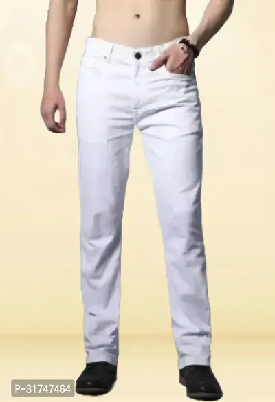 Elegant White Denim Solid Jeans For Men-thumb0