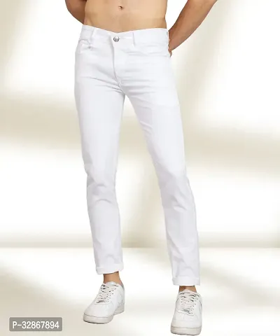 Stylish Denim White Solid Mid-Rise Jeans For Men-thumb0