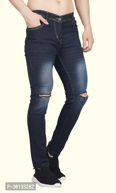 Stylish Blue Denim Distress Mid-Rise Jeans For Men