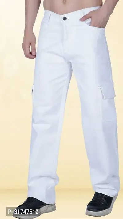 Elegant White Denim Solid Jeans For Men-thumb0