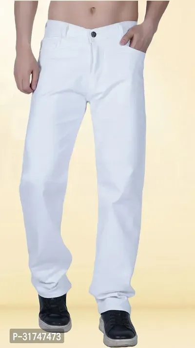 Elegant White Denim Solid Jeans For Men-thumb0