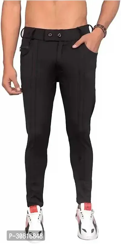 Linaria Stylish Black Lycra Blend Solid Regular Fit Trouser For Men