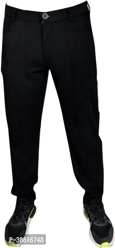 Linaria Stylish Black Cotton Blend Solid Regular Fit Trouser For Men-thumb0