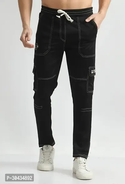 Stylish Black Polyester Spandex Solid Track Pant For Men-thumb0