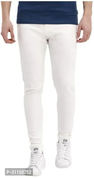 Stylish White Denim Blend Mid-Rise Jeans For Men-thumb0