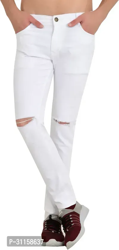 Stylish White Cotton Blend Mid-Rise Jeans For Men