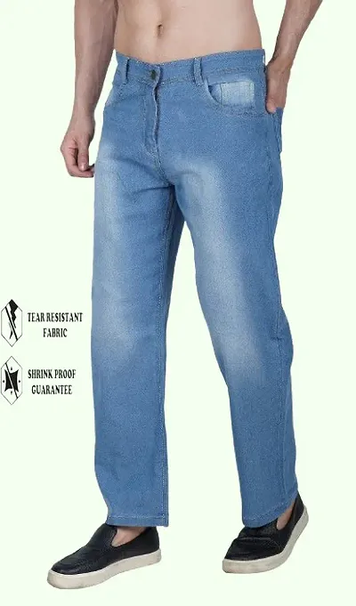 Linaria Baggy Fit Cotton Blend Baggy Sky Blue Plain Jeans For Men