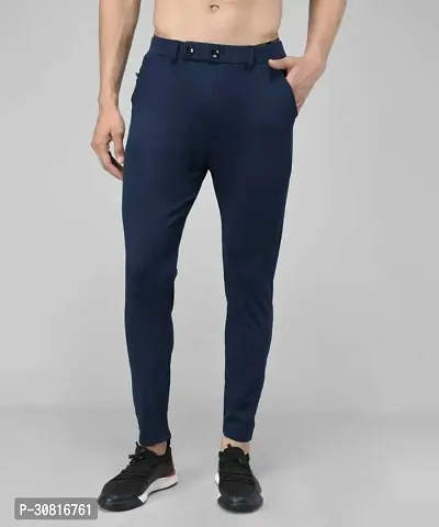 Linaria Stylish Blue Lycra Blend Solid Regular Fit Trouser For Men