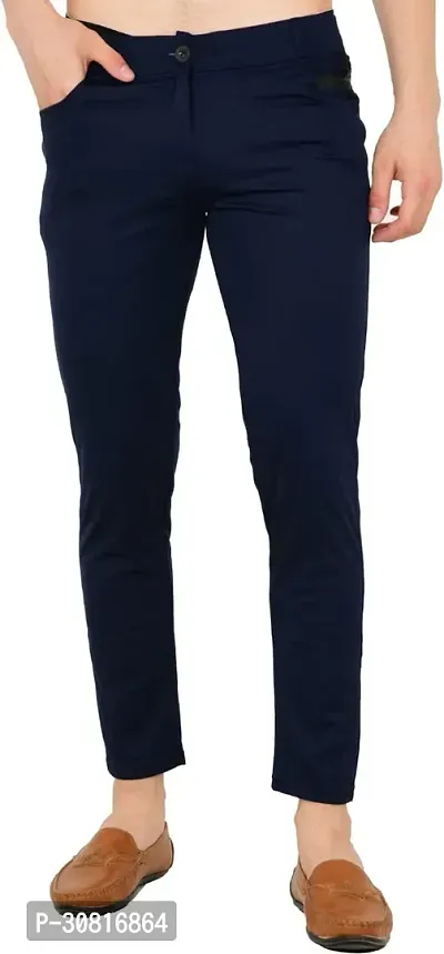 Linaria Stylish Blue Lycra Blend Solid Regular Fit Trouser For Men