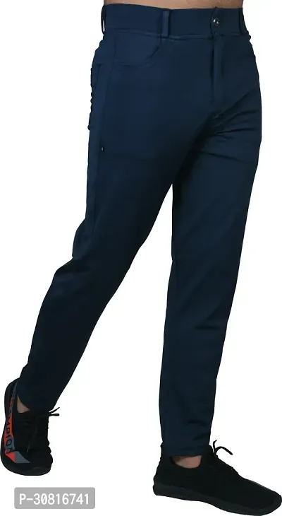 Linaria Stylish Blue Lycra Blend Solid Regular Fit Trouser For Men