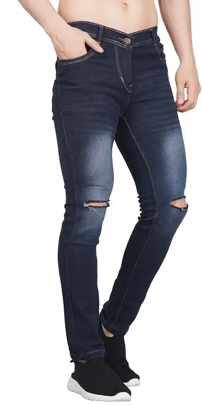 Men Blue Knee Cut Jeans