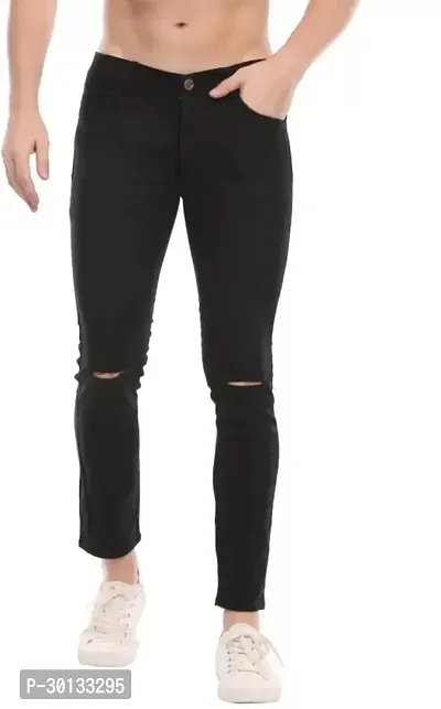 Stylish Black Denim Distress Mid-Rise Jeans For Men