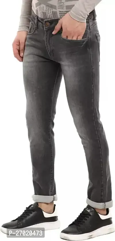 Classic Dark Grey Cotton Blend Solid Jeans For Men-thumb3