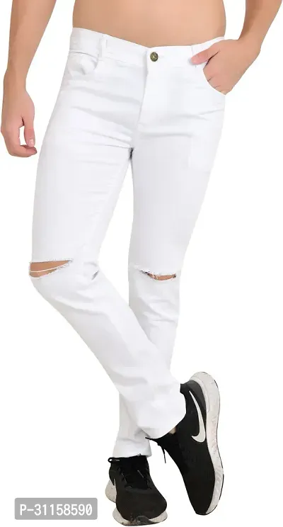 Stylish White Cotton Blend Mid-Rise Jeans For Men-thumb0