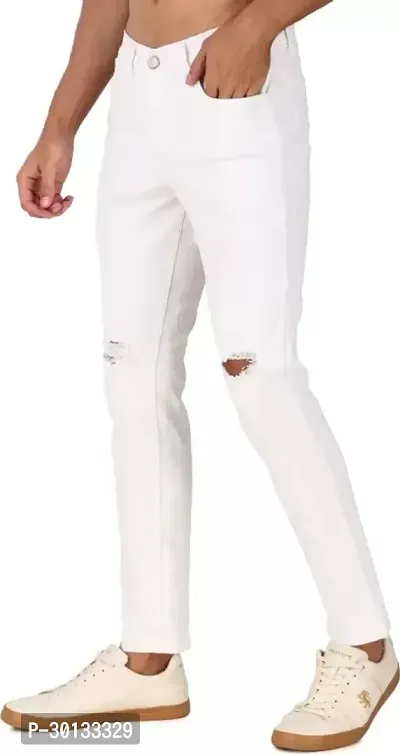 Stylish White Denim Distress Mid-Rise Jeans For Men-thumb3