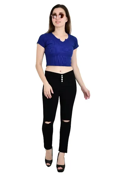Stretchable Mid Rise Knee Slit Jeans For Women