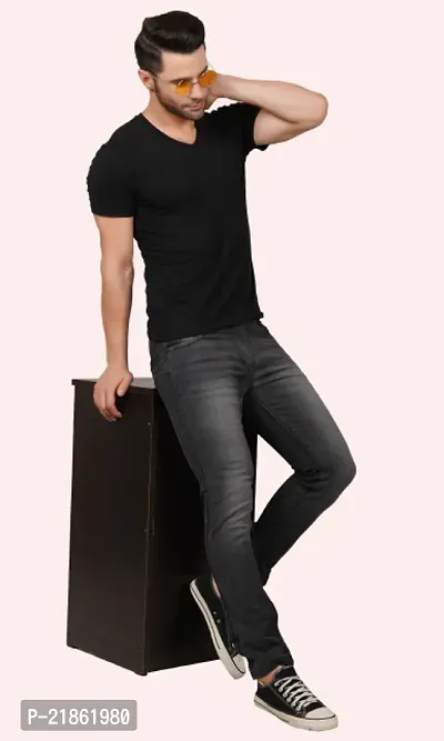 Men Slim Fit Grey Plain Jeans-thumb3