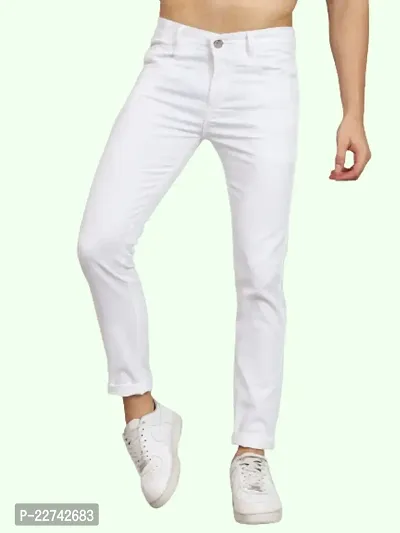 Men Slim White Plain Jeans-thumb0