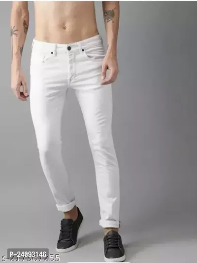 Men Slim White Plain Jeans-thumb0