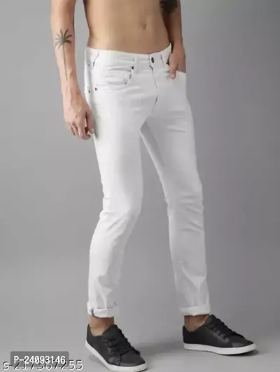 Men Slim White Plain Jeans-thumb3