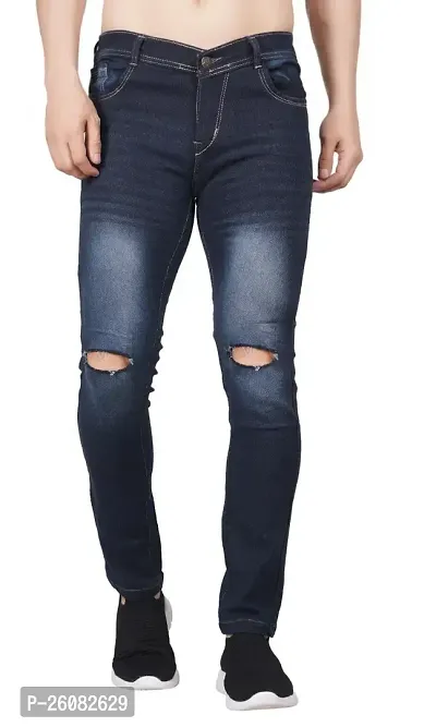 Fashion Slim Men Blue Knee Cut Jeans-thumb0
