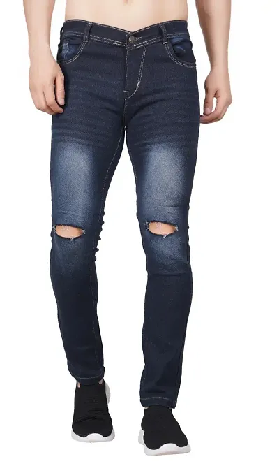 Men Blue Knee Cut Jeans