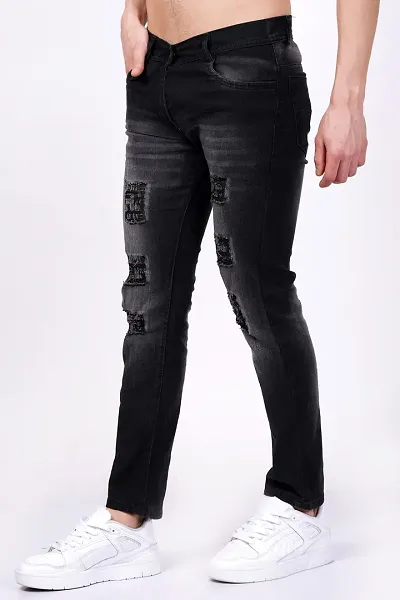 Stylish Cotton Blend Black Distress Jeans For Men