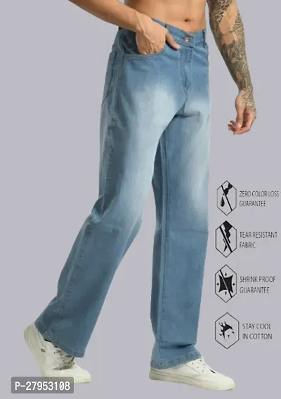 Linaria Men Regular Baggy Sky Blue Plain Jeans