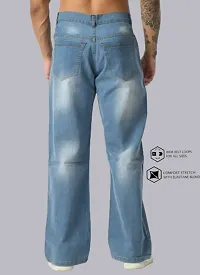 Men Sky Blue Cotton Blend Baggy Plain Jeans-thumb3