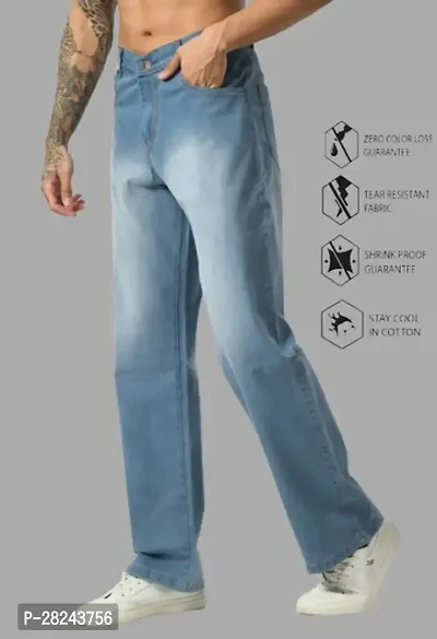 Men Sky Blue Cotton Blend Baggy Plain Jeans-thumb0