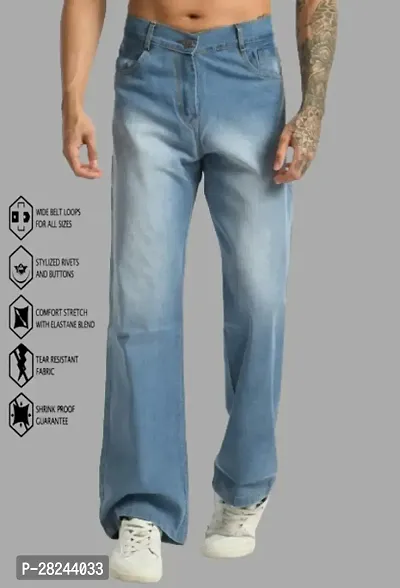 Men Sky Blue Cotton Blend Baggy Plain Jeans-thumb0