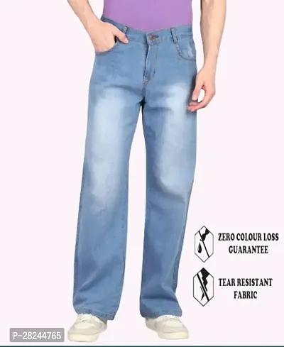 Men Sky Blue Cotton Blend Baggy Plain Jeans-thumb0