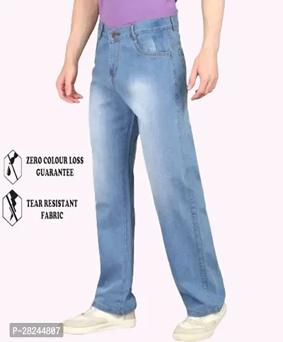 Men Sky Blue Cotton Blend Baggy Plain Jeans-thumb0
