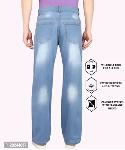 Men Sky Blue Cotton Blend Baggy Plain Jeans-thumb4