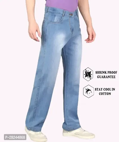 Men Sky Blue Cotton Blend Baggy Plain Jeans