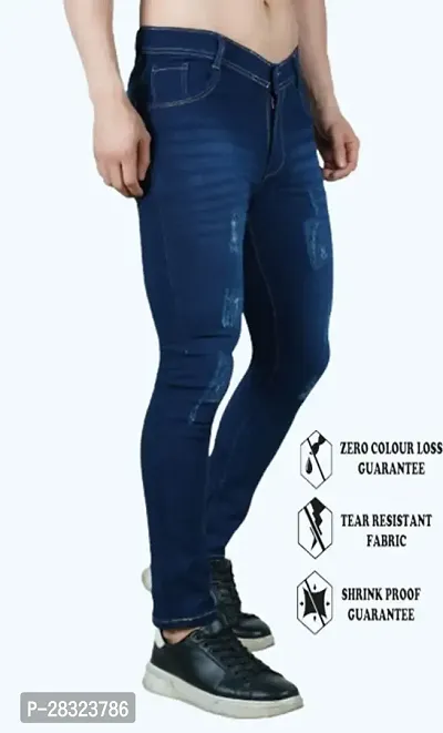 Stylish Cotton Blend Slim Fit Blue Rough Jeans For Men