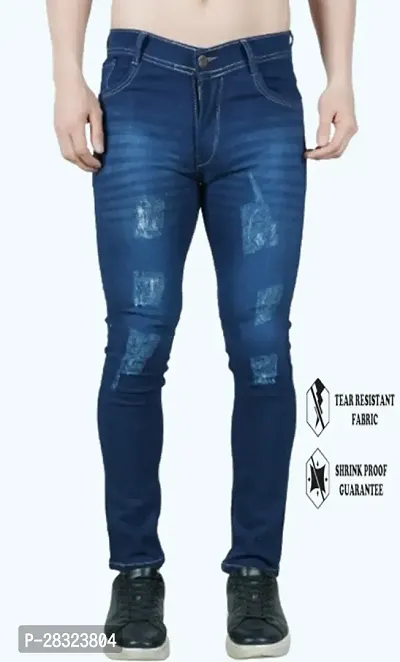Stylish Cotton Blend Slim Fit Blue Rough Jeans For Men-thumb0
