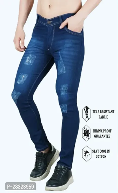 Stylish Cotton Blend Slim Fit Blue Rough Jeans For Men-thumb0