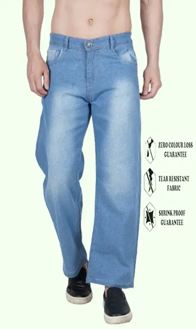 Linaria Baggy Fit Cotton Blend Baggy Sky Blue Plain Jeans For Men