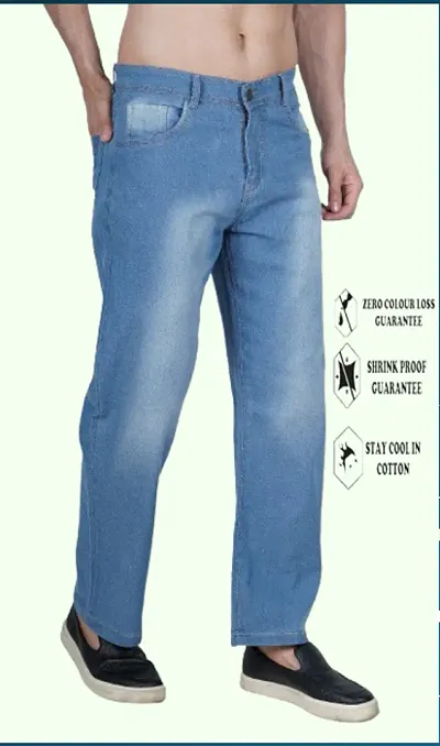 Cotton Blend Baggy Fit Sky Blue Plain Jeans