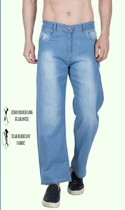 Cotton Blend Baggy Fit Sky Blue Plain Jeans